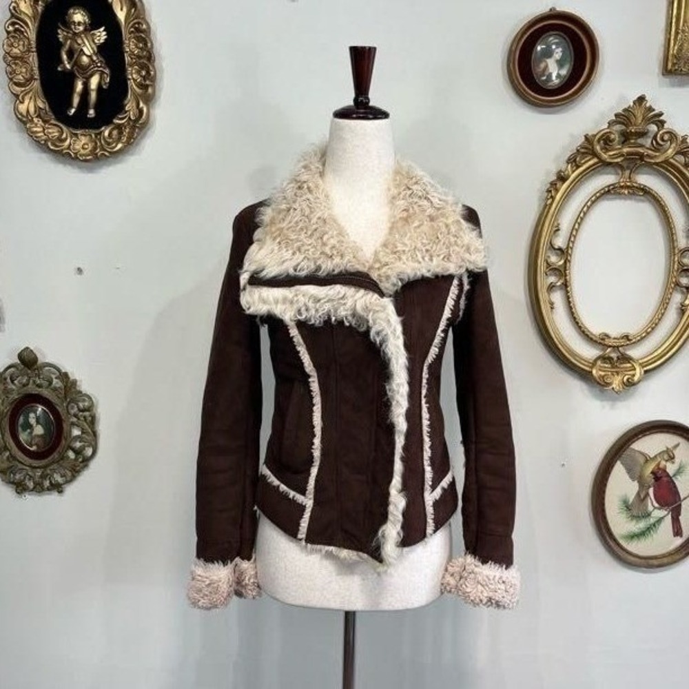 vintage y2k JIGOTT Brown Faux Suede Y2K Shearling Moto Jacket